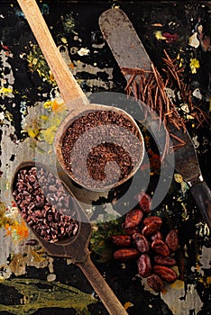Grated chocolate, raw cacao nibs, shredded chocolate and cocoa b