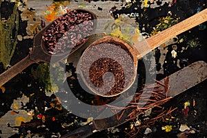 Grated chocolate, raw cacao nibs, shredded chocolate and cocoa b