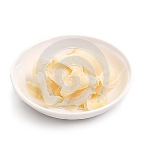 Grated ginger in Glass Bowl on white background