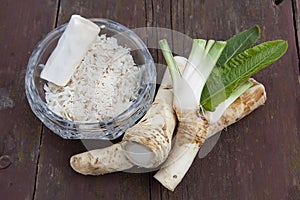 Grated horseradish, roots and leaves