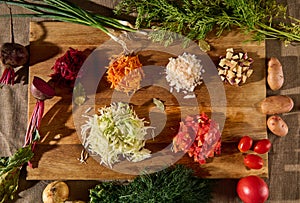 Grated raw vegetables -beet, carrot onions, tomatoes, potatoes, cabbage and fresh green wet dill on a wooden cutting board. Flat