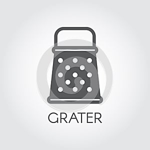 Grater black flat icon. Kitchen utensil for grinding variety of products for cooking food. Foodstuff pictogram