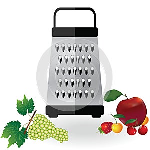 Grater metallic icon vector and fruits apple, strawberry, cherry, grapes illustration. Kitchen equipment steel food cut accessory