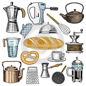 Grater and whisk, frying pan, Coffee maker or grinder, french press, mixer and baked loaf. kitchen utensils, cooking