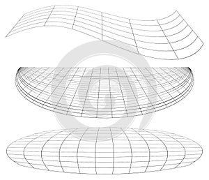 Graticule grid, mesh plane with deform, distortion effect. Reticulate, grate, plexus abstract pattern