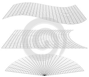 Graticule grid, mesh plane with deform, distortion effect. Reticulate, grate, plexus abstract pattern