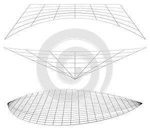 Graticule grid, mesh plane with deform, distortion effect. Reticulate, grate, plexus abstract pattern