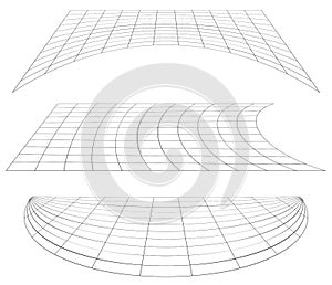 Graticule grid, mesh plane with deform, distortion effect. Reticulate, grate, plexus abstract pattern