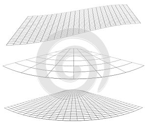 Graticule grid, mesh plane with deform, distortion effect. Reticulate, grate, plexus abstract pattern