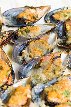 Gratinated mussels, Mediterranean Food