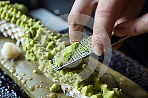 grating fresh wasabi on a sharkskin board