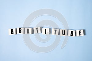 gratitude word written on wood block. gratitude text on blue table for your desing, concept.