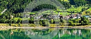 Graun im Vinschgau or Curon Venosta, a town on Lake Reschen in South Tyrol, Italy