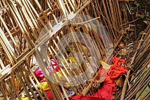 Grave of bamboo sticks in cemetery in Terunyan village. Traditional Kuburan in Bali, Indonesia. Bodies are buried above ground.