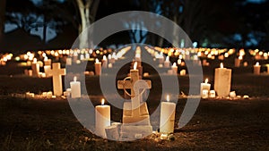 Grave candles illuminate cemetery at night for All Saints Day memoria. Concept Cemetery Decor, All