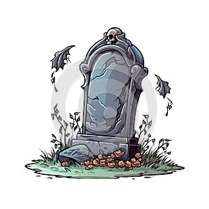 Grave in the cemetery. Happy Halloween. illustration in cartoon style. AI Generated