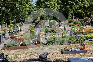 Grave field in a cemetery with gravestones