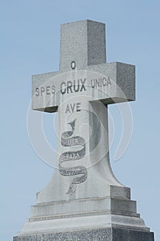 Grave headstone cross with pious Catholic Latin inscription photo