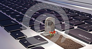 Grave on laptop computer, dependence on the digital world concept, 3d render