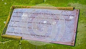 Grave marker plaque in cemetery of Peel Castle in the Isle of Man