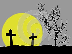 grave, silhouette of two cross and bare dead tree in night cemetery hill with yellow full moon on dark gray background