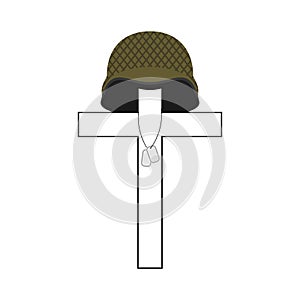 Grave of soldier. Cross and military helmet. Soldier badge. Patriotic memorial illustration