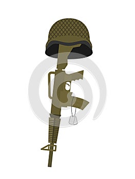 Grave soldier. Helmet and gun instead of cross. Badge Army. War