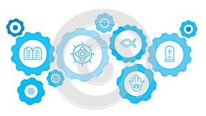 Grave symbol vector icon blue gear set. Abstract background with connected gears and icons for logistic, service, shipping,