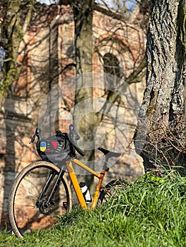 Gravel bicycle in the city park on the spring season