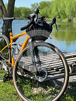 Gravel bicycle in the city park on the spring season