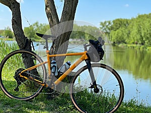 Gravel bicycle in the city park on the spring season