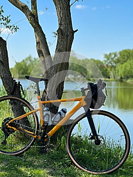 Gravel bicycle in the city park on the spring season
