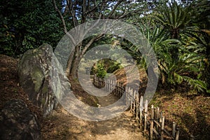 Gravel footpath in the Ritsurin Koen-Chestnut Grove Garden between bamboo fences