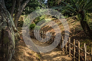 Gravel footpath in the Ritsurin Koen-Chestnut Grove Garden between bamboo fences