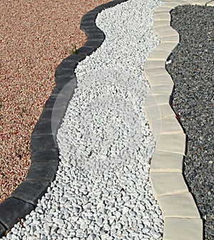 Gravel path with pavers and different mineral mulch