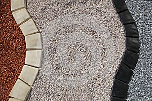 Gravel path with pavers and different mineral mulch