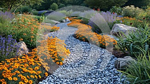 A gravel path surrounded by flowers and rocks in a garden, AI