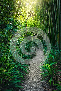 Gravel pathway with bamboos in the botanical garden, Menton, France