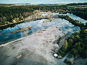Gravel Pit with Pond - Aerial View - Gravel Plant Quarry - Gravel Industry Factory abandoned near a lake