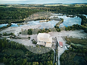 Gravel Pit with Pond - Aerial View - Gravel Plant Quarry - Gravel Industry Factory abandoned near a lake