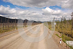 Gravel road Kolyma to Magadan highway at Yakutia