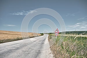 Gravel road and magnificent yellow wheat berry agricultural fields