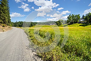 A gravel rural road with homes and ranches above a meadow in the rural Spokane area of Washington, USA