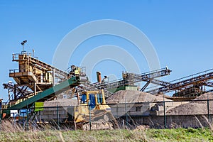 Gravel, sand and earth extraction work site with heavy industrial extraction machinery