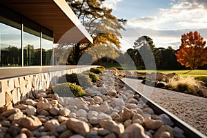 Gravel terrace in the modern house. Modern garden architecture. Generative AI