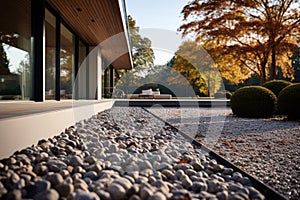 Gravel terrace in the modern house. Modern garden architecture. Generative AI