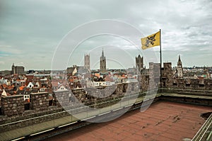 Gravensteen Castle roof and balustrade overlooking Ghent buildings.