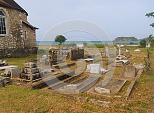 Graves on church property by the sea with small island in the sight