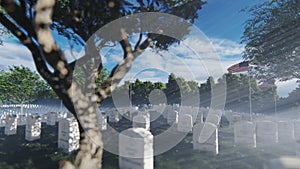 Graves, Headstones and US flags at the Arlington National Cemetery, zoom in