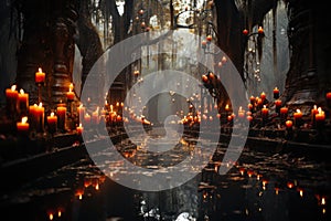 Graves swathed in Spanish moss and autumn vines, with Halloween garlands and lit candles placed among them. Generative Ai photo